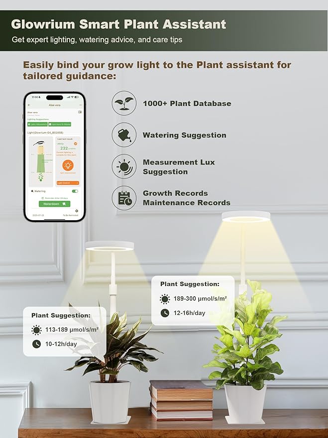 GLOWRIUM Smart LED Grow Lights for Indoor Plants G4, 12W Full Spectrum 3500K with Grow lamp, Bluetooth App Control, 10-Level Dimming, Gooseneck, Height Adjustable 16"-23", Auto Timer, (White 12W)