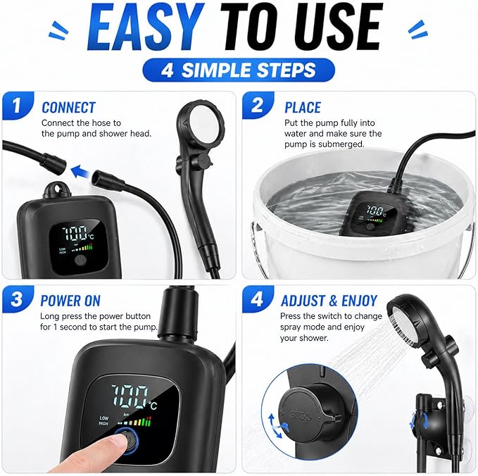 Smart Portable Shower Pump, Rechargeable 2400/6000mAh Battery Powered Outdoor Shower, IPX8 Waterproof, with Intelligent LED Display & 4 Spray Modes, for Outdoors, Camping (Type-B grey)