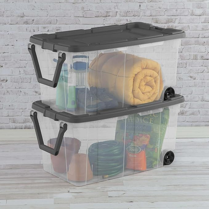 160 Quart Wheeled Stacker, Durable Clear Bin, Latch Lid and Pull Handle, Dark Gray
