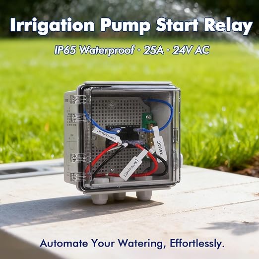 Irrigation Pump Start Relay, 24V AC, 25A, for 1-2 HP at 120V/240V, Waterproof IP65 Enclosure