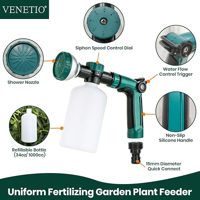 VENETIO 8-Dial Hose End Sprayer for Liquid Fertilizer/Soap | Precision Lawn, Yard & Garden Feeder with 34oz Bottle for Uniform Fertilizing and Watering Plants | Hose Attachment Nozzle Spray Gun