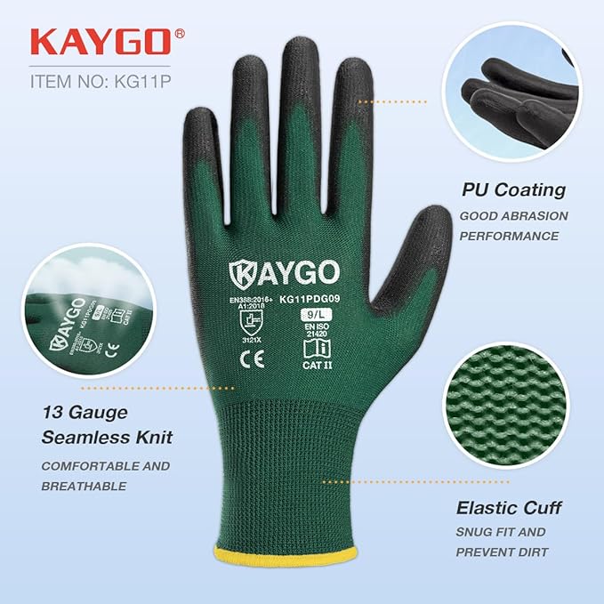 KAYGO Work Gloves for Men and Women,12 Pairs Seamless Knit PU Coated Safety Gloves, with Smooth Grip on Palm and Fingers, Ideal for Light Warehouse, Manufacturing, Gardening, KG11P (2XL,Dark Green)