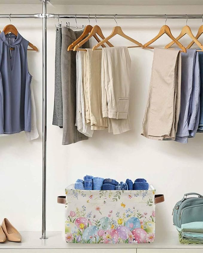 Easter Eggs Storage Bins Cubes Waterproof Cloth Storage Basket, Spring Daisy Eucalyptus Leaves Vintage Foldable Storage Bags for Shelf Closet Clothes Storages Organizers with Handles 15x11x9.5 in 1PCS