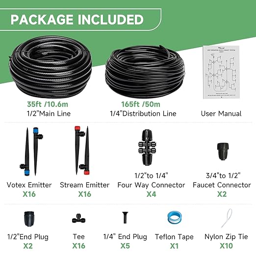 Riboud Quick-Connect 200FT Drip Irrigation System Kit, Automatic Garden Plant Watering System for Greenhouse, Yard, Lawn, with 1/2 inch 1/4 inch Irrigation Tubing Hose and Accessories