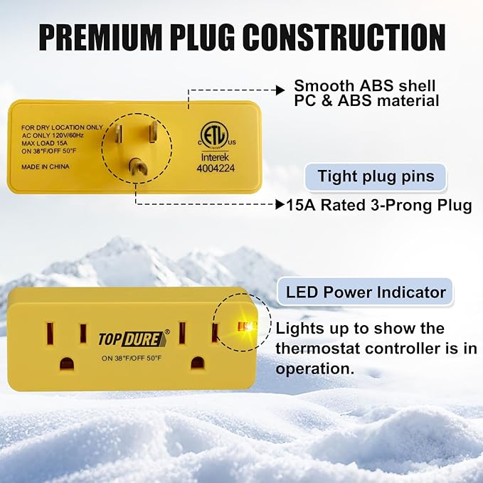 Thermostat Plug Outlet for Heat Cables, Temperature Controlled Outlet with Auto On at 38℉/Off at 50℉