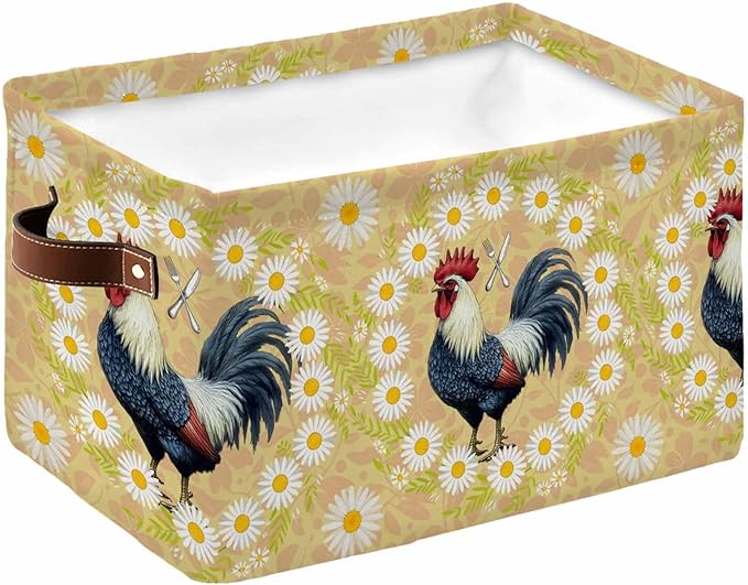 Spring Floral Rooster Storage Bins Cubes Waterproof Cloth Storage Basket,Farmhouse Flowers Elegant Botanical Foldable Storage Bags for Shelf Clothes Storages Organizers with Handles 15x11x9.5 in 1PCS