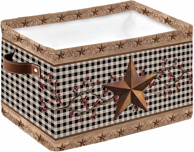 Vintage Texas Star Brown Storage Bins Cubes Waterproof Cloth Storage Basket,Black Plaid Berry Farmhouse Foldable Storage Bags for Shelf Clothes Storages Organizers with Handles 15x11x9.5 in 1PCS