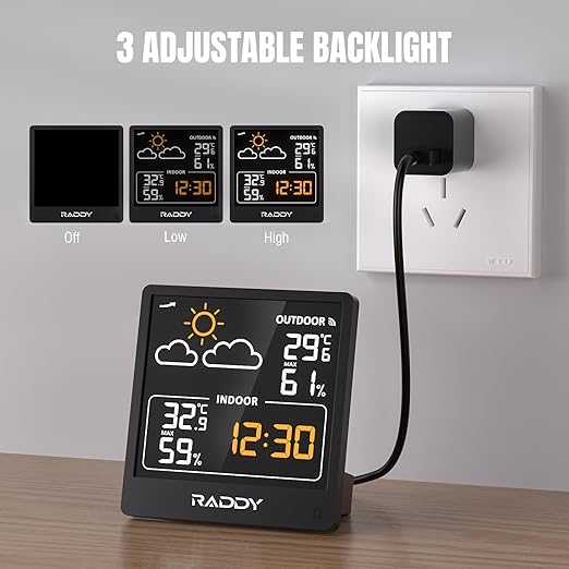 Raddy WF-50V Indoor Outdoor Thermometer Hygrometer, Wireless Weather Station Temperature & Humidity Monitor with 5.0’’ VA Display, USB-C Powered, Weather Forecast, Wireless Remote Sensor (Black)