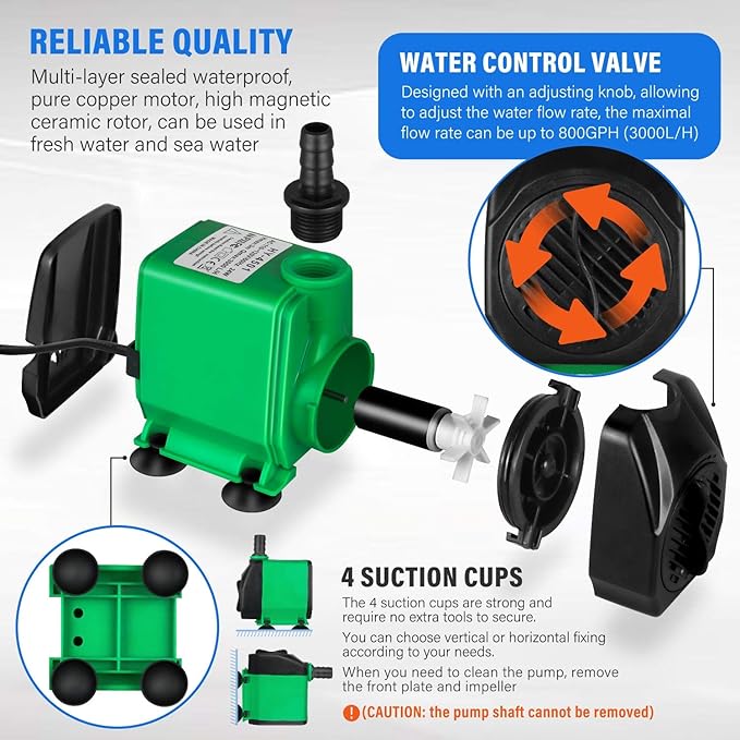 Simple Deluxe 10ft High Lift 800GPH 24W Submersible Pump (3000L/H) with 3 Size Nozzles for Fish Tank, Pond, Aquarium, Statuary, Hydroponics, Fountain, Green