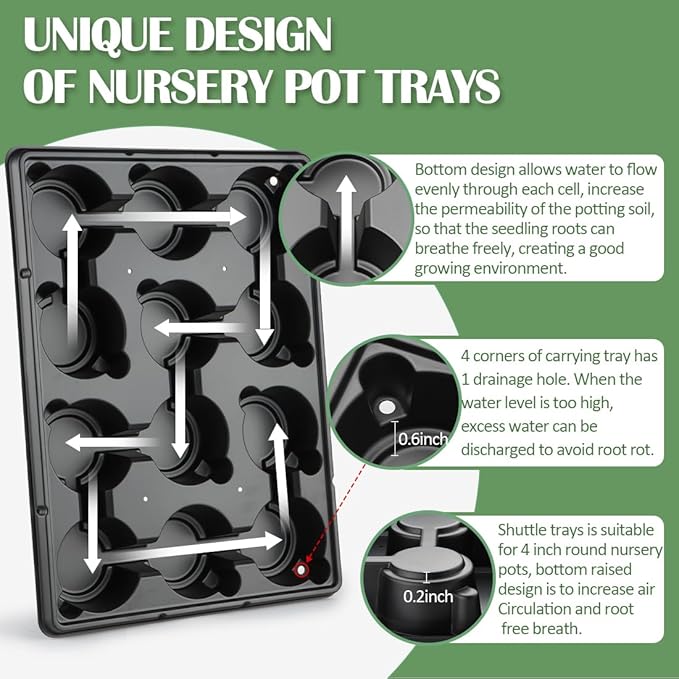 RooTrimmer 12 Cell Round Nursery Pot Trays Thickened Durable Seedling Pots Shuttle Carrying Trays for Holding 4 Inch Nursery Pots (16.85" × 12.6", 20-Pack)