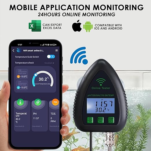 WiFi Water Quality Monitor 5-in-1 pH, S.G., TDS, Salt & Temperature Tester | 24/7 Online Hydroponic Monitoring with Data Logging & Alarms for Aquariums, Fish Ponds & Saltwater Pools