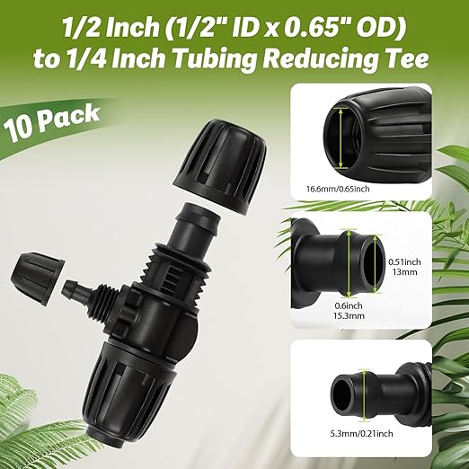 10 Pack 1/2" To 1/4" Drip Irrigation Fittings, 1/2 Inch (1/2" ID x 0.6-0.65" OD) Drip Line to 1/4 Inch Irrigation Tubing Barbed Adapter Anti-Drop Locked Nut Barbed Reducer 3 Way Tee Connectors