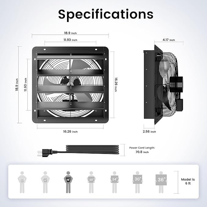 16" Shutter Exhaust Fan with 6 ft Power Cord, EC Motor Wall Mount Attic Fan, Smart Programming Variable Speed, Temp/Humidity & Timer, Auto Louvers, 2800 CFM for Window, Shed, Commercial, Waterproof