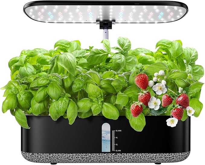 Hydroponics Growing System with LED Grow Light, 14 Pods Indoor Herb Garden Full Spectrum Rotatable Light Panel, Auto On Off Timing 12 14 16Hrs, 5L Water Tank, Harvest Fresh Basil Tomato (Black)