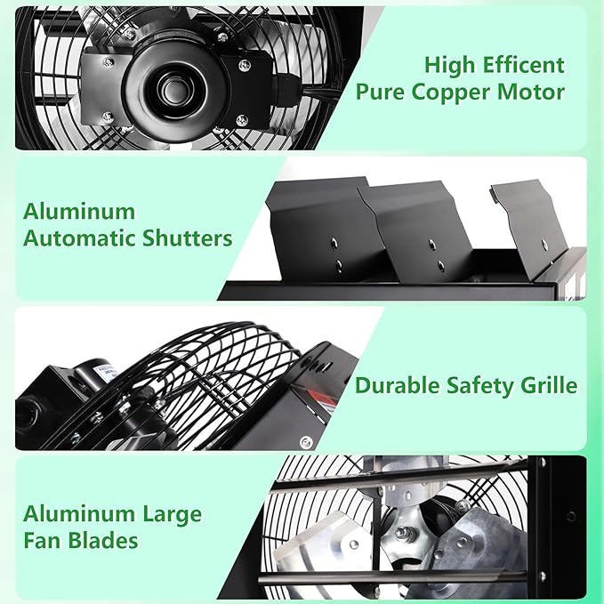 Shutter Exhaust Fan with Thermostat & Speed Control, 576 CFM,1700RPM, Upgrade 7 inch Wall Mount Attic Vent Fan for Chicken Coops, Greenhouse, Barn, Garage, Shed Ventilator