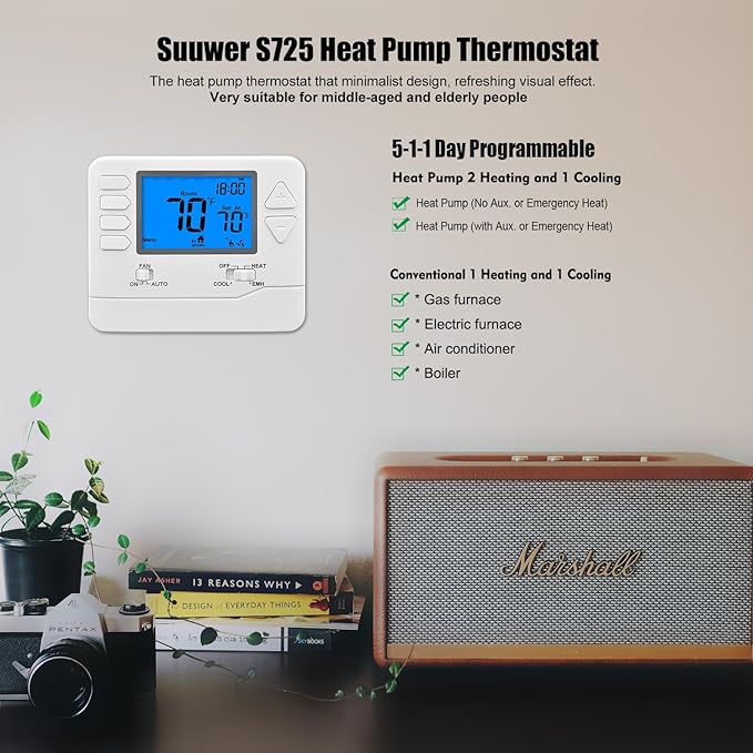 Suuwer 5-1-1 Day Programmable Heat Pump Thermostat for Home up to 2 Heat and 1 Cool
