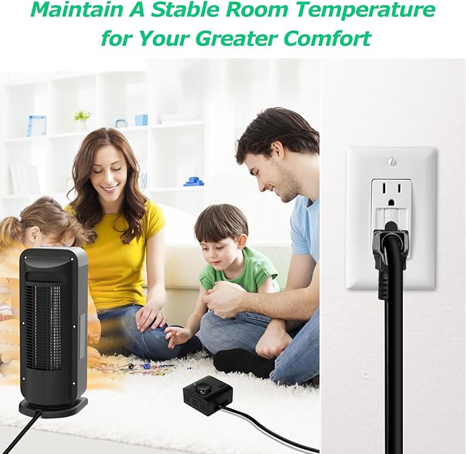 Adjustable Thermostat, Briidea Plug in Heating & Cooling Thermostat with LED Indicator, Compatible with Space Heater, Window Air Conditioners, Fans, Ideal for Household, Reptile, Greenhouse, Black