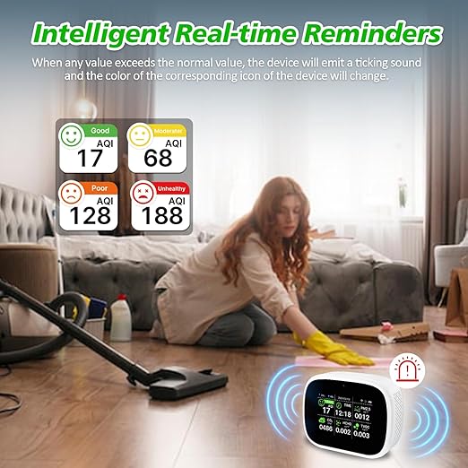 Smart Air Quality Monitor Indoor, WiFi Air Quality Tester with APP Remote Control for AQI CO2 PM2.5 HCHO TVOC Temperature Humidity, Wall-Mounted Air Detector for Home Office – Black