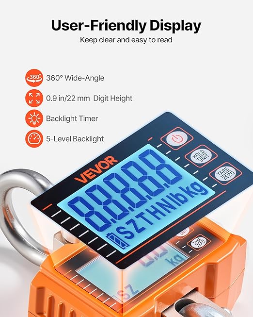 VEVOR Digital Crane Scale, 4400 lbs/2000 kg Max Capacity, Heavy Duty Industrial Hanging Scale with Cast Aluminum Case & LCD Display, 1 lbs Division & 3 Unit Switch, Remote Control for Garage Factory