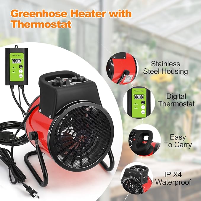 Greenhouse Heater with Digital Thermostat - 1500W Portable Outdoor Heaters for Green House, Fast Heating, Overheat Protection, Space Heaters for Greenhouse, Grow Tent Heater (Red)