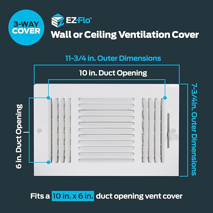 EZ-FLO 10 x 6 Inch (Duct Opening) Air Vent Cover for Wall or Ceiling, Three-Way Ventilation Register, Solid Steel HVAC Register Cover, White, 61614