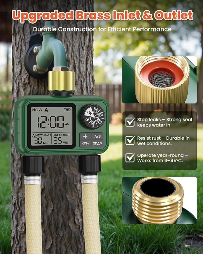 2 Zones Brass Inlet & Outlet Water Timer for Outdoor Garden Hose, Sprinkler Timer for Garden Faucet with Auto/Manual/Rain Delay Mode, Sprinkler Irrigation Controller for Yard Lawn