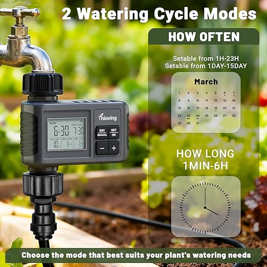 Thiswing 360° Adjustable Drip Irrigation System - 100 FT Garden Watering System with 32 Nozzles & Water Timer, Raised Bed Sprinkler System, Garden Mister for Yard, Lawn, Plants, 5/16" Tubing
