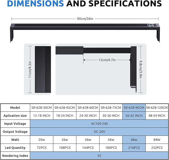 SEAOURA 24/7 LED Aquarium Light for 36-42 Inch Fish Tank, Auto On Off with Timer, 9 Colors, Adjustable Brightness, Daylight Moonlight Mode, Full Spectrum Fish Tank Light for Plants