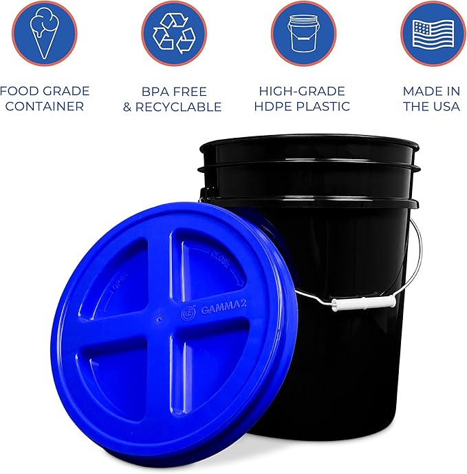 ePackageSupply 5 Gallon Bucket - Food Grade Bucket with Airtight Gamma Seal Screw-On Lid, BPA-Free, Heavy-Duty 90 Mil HDPE Plastic, Bulk Storage, Durable Container, Made in USA, Black/Blue, 6 Packs