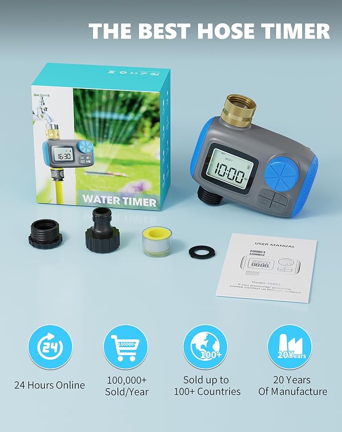 Sprinkler Timer with Brass Swivel, Hose Timers for Watering, Water Timer for Garden Hose, Digital Irrigation with Rain Delay & Manual Mode, Automatic Watering System for Outdoor Garden Lawn
