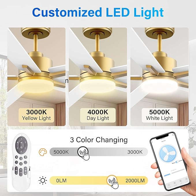 72" Large Smart Ceiling Fan with Lights Remote,Silent DC Motor,Control via Voice Alexa Google App,Outdoor Indoor Gold White Ceiling Fans for Large Modern Living Room Patio,Dimmable,5 Blades in Black