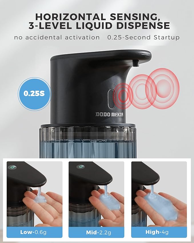Automatic Liquid Soap Dispenser Touchless, 10oz/300ml Rechargeable, 3 Adjustable Liquid Levels, IPX5 Waterproof, for Kitchen Bathroom, Black