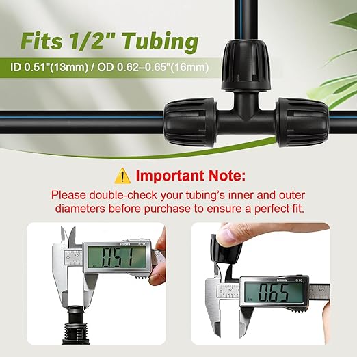 12 Pack 1/2 Inch Drip Irrigation Tee Fittings (1/2" ID x 0.6-0.65" OD), 1/2'' Dripline Barbed Tee Connectors with Anti-Drop Lock Nuts for Garden Lawn Irrigation System Connection