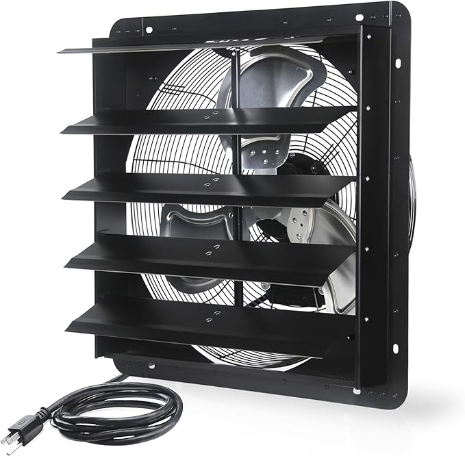 VENTISOL 20 Inch Shutter Exhaust Fan Wall Mounted, 3500CFM Exhaust Fan with Pre-Installed 1.65m Power Cord, Ventilation fan for Greenhouse, Garages, Attic, Shops, Chicken Coop, Black
