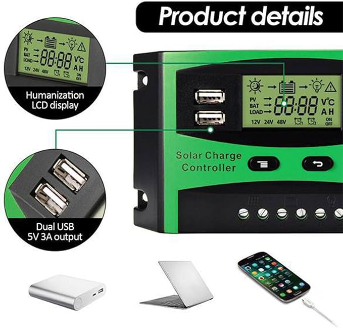Solar Charge Controller 12V/24V PWM Solar Panel Charge Controller with LCD Display - Auto Regulator, USB Port for Solar Panel Systems（10A）