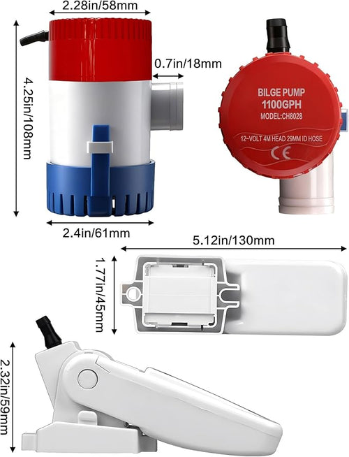 1100 GPH Boat Bilge Pump 12V with Automatic Boat Pump Float Switch Marine Bilge Water Pump High-Flow Fully Bilge Pumps for Boats, Yachts