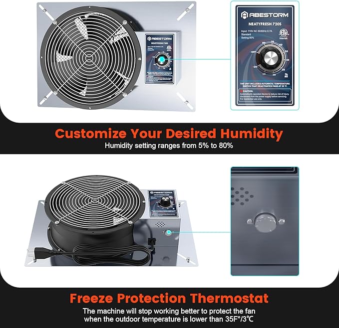 Abestorm 720CFM Crawlspace Ventilation Fans IP-55 Grade Basements Stainless Steel Vent Fan 10 inches Ventilator Fan with Freeze Protection Thermostat Dehumidistat for Crawlspace Attic Garage Exhaust
