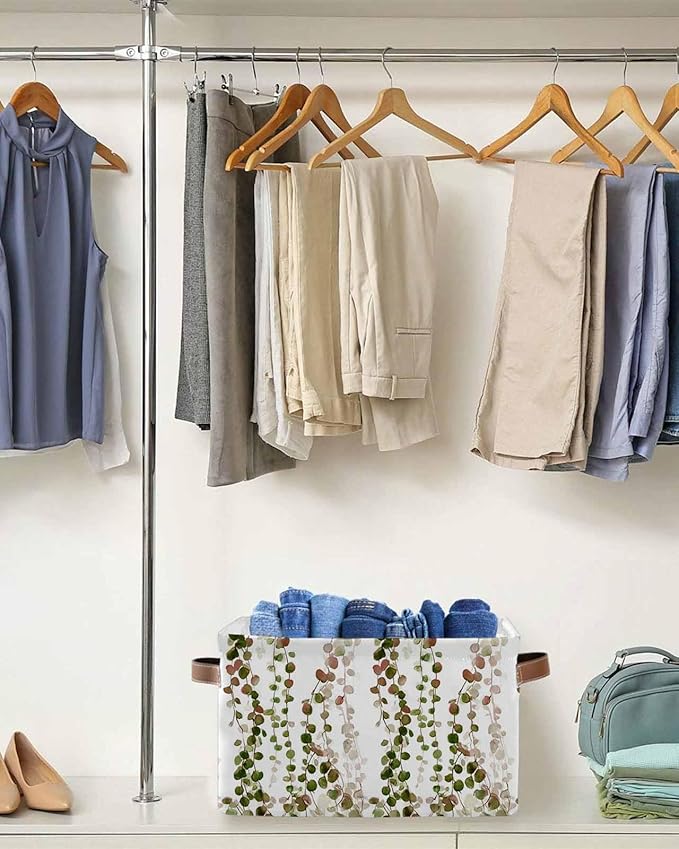 Green Pink Weeping Eucalyptus Storage Bins Cubes Waterproof Cloth Storage Basket,Spring Summer Farmhouse Leaves Foldable Storage Bags for Shelf Storages Organizers with Handles 15x11x9.5 in 1PCS
