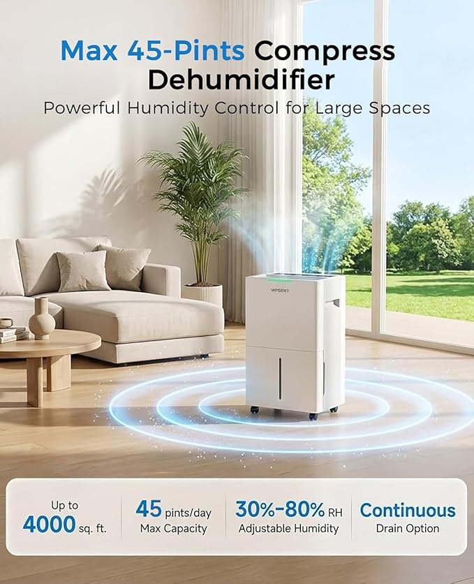 4000 sq.ft Dehumidifier for Basement with Drain Hose, 45 Pint Dehumidifiers for Home, Smart Compressor Dehumidifies for Large Room, Bedroom, 3 Modes, Intelligent Humidity Control, Auto Defrost
