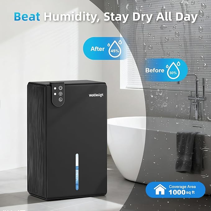 Dehumidifier for Home (85 OZ, 1000 sq ft) Small Dehumidifiers for Basement, Auto Shut-Off, Sleep Mode, 7 Color Light, Quiet Dehumidifier for Bedroom, Bathroom, Living Room with Drain Hose(Pure Black)