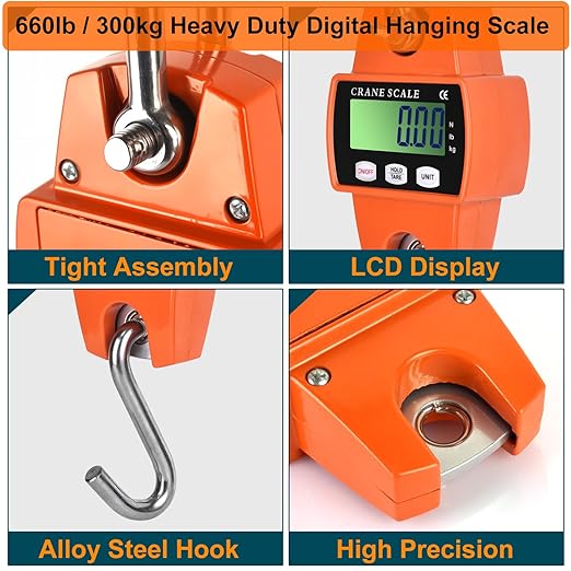 660lb Digital Hanging Scale, 300kg Heavy Duty Handheld Crane Scale with Backlit LCD, Portable Cast Aluminum Case & Hooks - Multi-Function for Farm, Hunting, Fishing, Logistics (kg/lb/N Switchable)