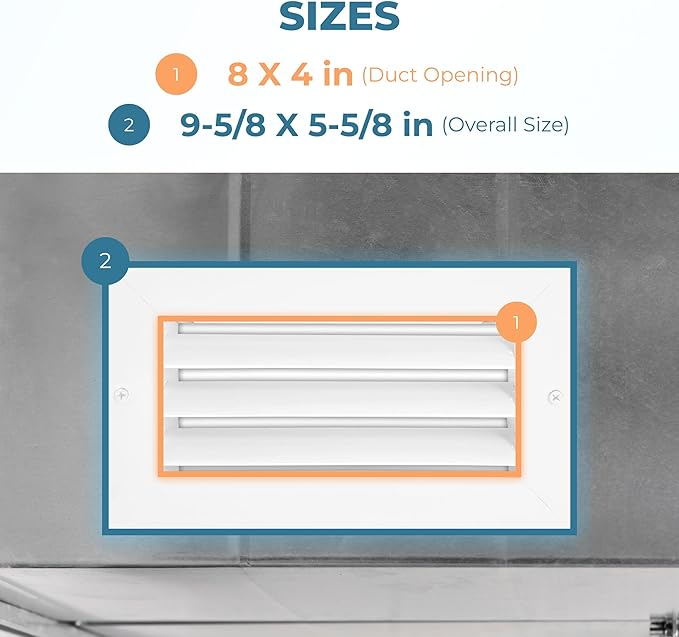 Aluminum 8 x 4 in (Duct Opening) 1-Way Air Duct Register Vent Cover for Ceiling and Wall - Modern HVAC Louver Vent Cover Adjustable – Durable Rustproof Wall Grille – Overall Size 9-5/8 x 5-5/8 Inch