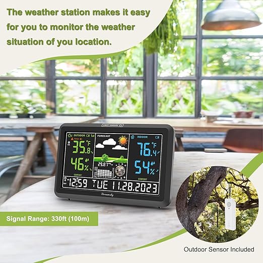 DreamSky Weather Station Indoor Outdoor Thermometer Wireless with Digital Atomic Clock for Home, Large Display with Dimmer, USB Port, Inside Outside Temperature Humidity Monitor (Plug-in)