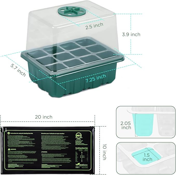 7-Pack Seed Starter Tray with Heat Mat (12 Cells per Tray), Plant Germination Trays with Adjustable Humidity Dome Seed Trays Seedling Starter with Base Trays for Germination