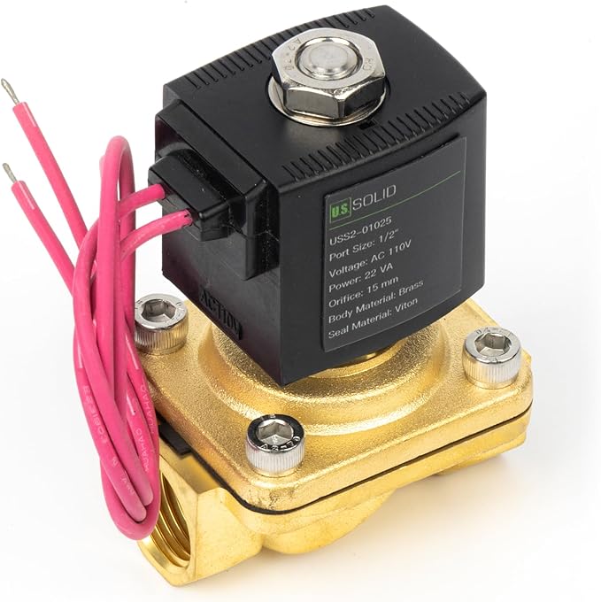 U.S. Solid 1/2" Brass Solenoid Valve - 110V AC Normally Closed Electric Solenoid Valve with Viton Seal, Lead Wire Type