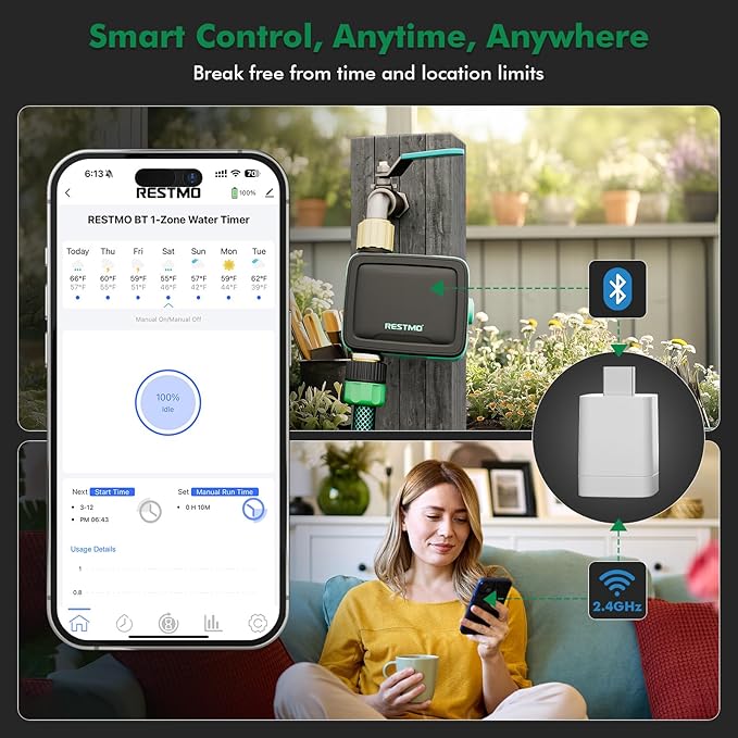RESTMO Brass Inlet & Outlet Smart Sprinkler Hose Timer with Flow Meter, Water Timer for Garden Hose with APP Remote Control (2.4GHz WiFi Connection), Automatic Drip Irrigation System for Lawn, Yard