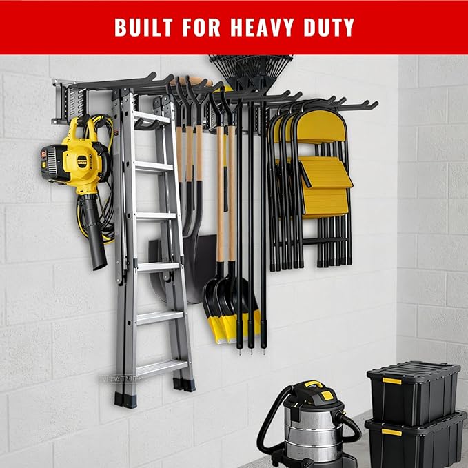 Garage Tool Organizer Wall Mount, Easy to 48inch Install Heavy-Duty Garage Storage System with Adjustable 7 Hooks, Garden Tool Rack for Shovels, Rakes, Yard Tools