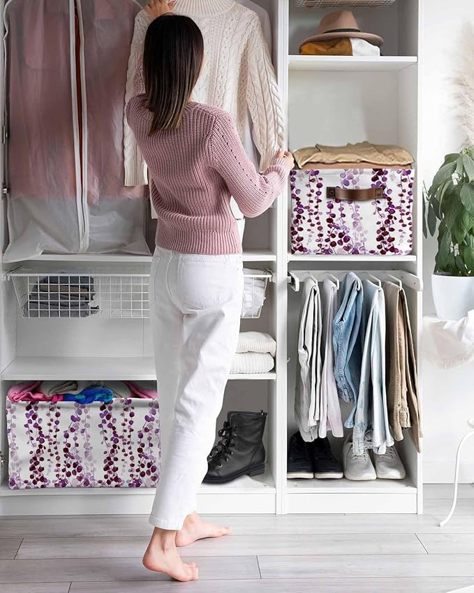Purple Weeping Eucalyptus Storage Bins Cubes Waterproof Cloth Storage Basket,Spring Summer Farmhouse Leaves Foldable Storage Bags for Shelf Clothes Storages Organizers with Handles 15x11x9.5 in 1PCS
