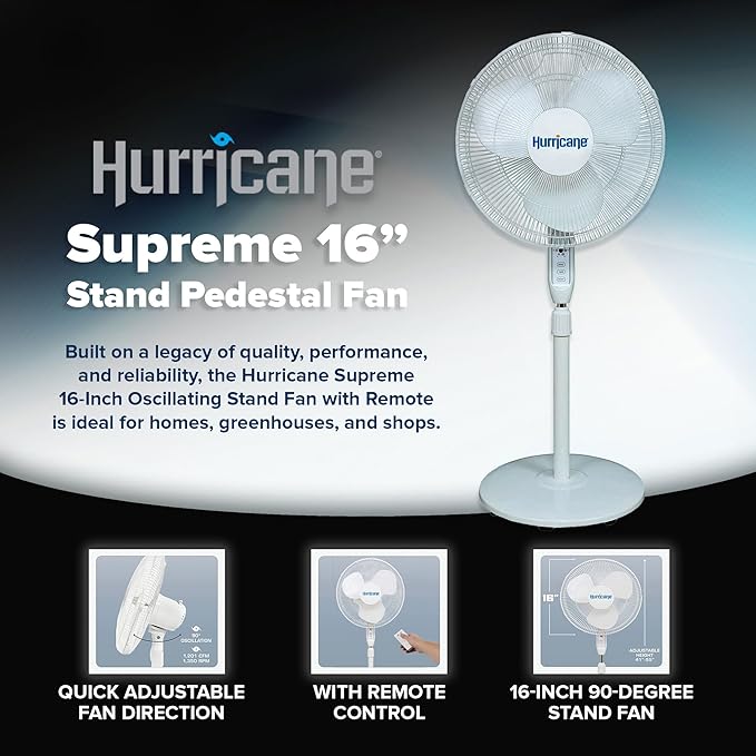 Hurricane 2-Pack Supreme 16-Inch Oscillating Pedestal Stand Fan with Remote, White – Quiet Operation Corded Electric Cooling for Indoor Use in Home, Office, Greenhouse, or Shop