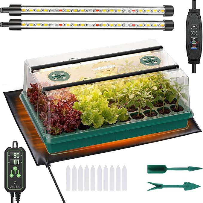 Seed Starter Tray with Grow Light and Thermostat Controller Heat Mat, 10"x 20.75" Heat Mats for Plant Growing，68-113°F Adjustable，Color Change Grow Lights，Germination Trays Kits (Green, 60 Cells)
